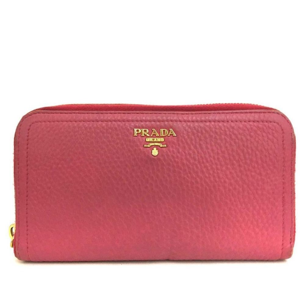 Authentic PRADA Logo Pink Leather Zip Around Long Wallet